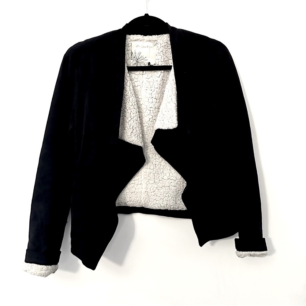 En Cream Black Faux SuedeTeddy Jacket with Cream Fluffy Lining